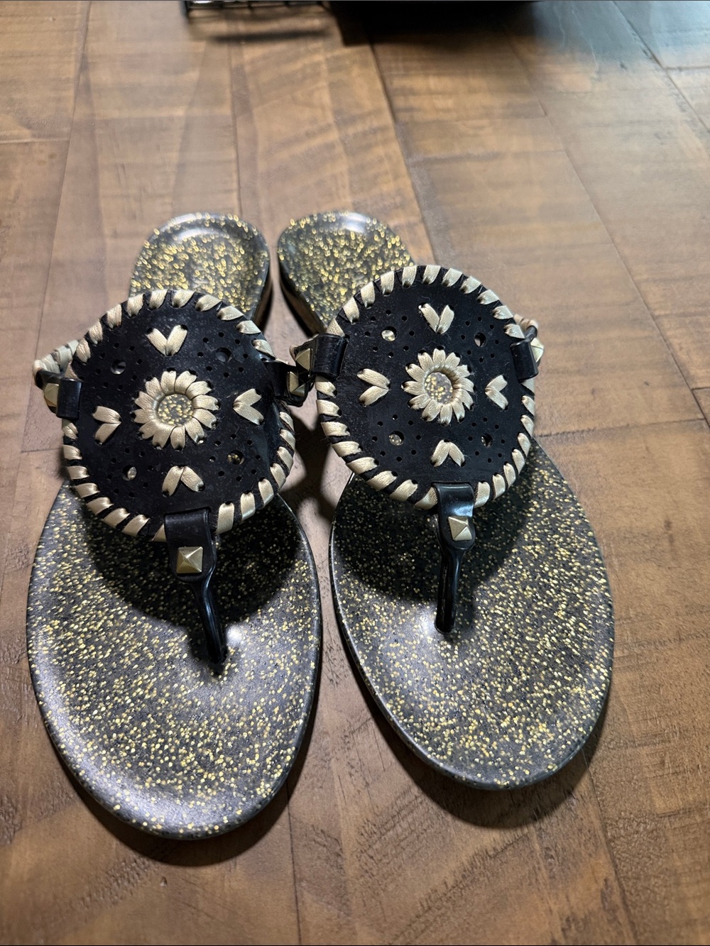 Jack Rogers Black Sandals with Gold Speckled Footbed